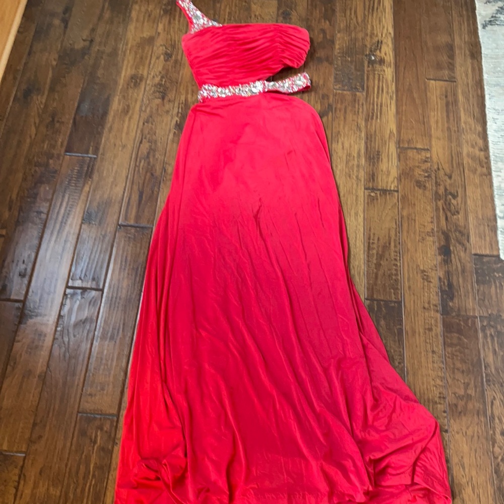 The Prom Shoppe/ Red bead trim one shouldered gown Worn once